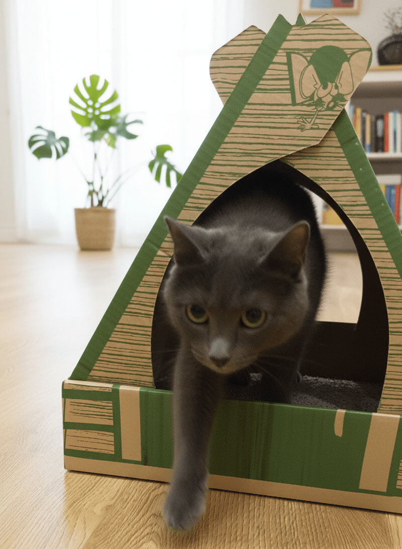 Gato gris saliendo de un arenero de cartón Pipikat en un hogar moderno
